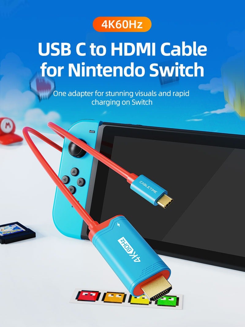 CABLETIME 4K60HZ USB C TO HDMI ADAPTER CABLE COMPATIBLE WITH NINTENDO SWITCH 2 MINI DOCK WITH PD100W | BLUE - Image 5